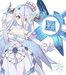 Rule 34 | 1girl, absurdres, alternate breast size, argyle, asymmetrical bangs, bare shoulders, blue hair, blush, bow, breasts, cleavage, crystal sword, draph, dress, dress flower, elbow gloves, eyebrows hidden by hair, feet out of frame, flower, framed breasts, frills, fur collar, gloves, granblue fantasy, hair between eyes, hair flower, hair ornament, hair over one eye, hairclip, halter dress, halterneck, happy cream, hat, head tilt, highres, horns, ice, izmir, layered dress, layered skirt, light blue hair, long bangs, long dress, long hair, looking at viewer, medium breasts, mole, mole under mouth, open hands, open mouth, pointy ears, reaching, reaching towards viewer, red eyes, simple background, single sidelock, skirt, snowflake hair ornament, snowflake pin, solo, sword, underbust, very long hair, weapon, white background, white bow, white dress