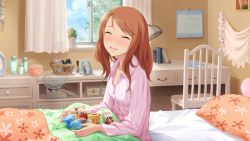 Rule 34 | 10s, 1girl, :d, ^ ^, artist request, bag, blush, brown hair, closed eyes, day, handbag, highres, houjou karen, idolmaster, idolmaster cinderella girls, idolmaster cinderella girls starlight stage, indoors, jewelry, kamiya nao, long hair, magazine (object), messy hair, necklace, official art, open mouth, pajamas, photo (object), picture frame, plant, shibuya rin, shirt, sitting, smile, solo, striped clothes, striped shirt, swept bangs, under covers, unworn jewelry, unworn necklace, vertical-striped clothes, vertical-striped shirt