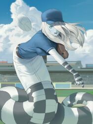 Rule 34 | 1girl, absurdres, aqua skin, baseball, baseball cap, baseball glove, baseball stadium, baseball uniform, blue eyes, blue hat, blue shirt, blue sky, boonie baby, borrowed character, breasts, bright pupils, cloud, fangs, full body, grass, grey scales, hair over one eye, hat, highres, ivy (sparrowl), lamia, large breasts, long hair, looking at viewer, monster girl, open mouth, original, outdoors, pencil skirt, scales, shirt, short sleeves, skirt, sky, slit pupils, solo, sportswear, t-shirt, throwing, white hair, white pupils, white scales, white skirt