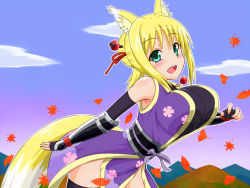 Rule 34 | 10s, 1girl, animal ears, autumn leaves, bare shoulders, blonde hair, blush, bouncing breasts, breasts, dog days, fox ears, fox tail, gloves, green eyes, japanese clothes, large breasts, leaf, long hair, looking at viewer, open mouth, ponytail, solo, tail, thighhighs, yosuzu, yukikaze panettone