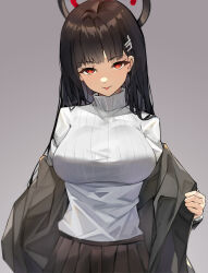 Rule 34 | 1girl, absurdres, black hair, black skirt, blue archive, blunt bangs, breasts, bright pupils, gradient background, halo, highres, jacket, large breasts, long hair, looking at viewer, pleated skirt, red eyes, removing jacket, ribbed sweater, rio (blue archive), sakanafish, skirt, solo, sweater, tongue, tongue out, turtleneck, turtleneck sweater, white sweater