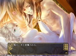 Rule 34 | 1boy, 1girl, abs, akutsu yoshiya, bed, blonde hair, breasts, brown hair, censored, game cg, green eyes, hetero, holding hands, long hair, lying, male face, missionary, navel, nipples, nude, on back, otome game, pillow, red eyes, spread legs, translated, tsubasa no oka no hime