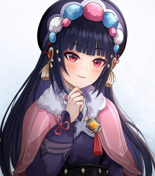 Rule 34 | 1girl, absurdres, black hair, blush, chinese clothes, coat, earrings, emergencysundae, eyebrows hidden by hair, genshin impact, hair ornament, hairclip, hat, highres, jewelry, long hair, looking at viewer, red eyes, ribbon, simple background, smile, solo, upper body, white background, yun jin (genshin impact)