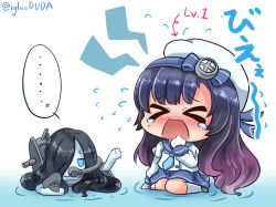 Rule 34 | &gt; &lt;, ..., 2girls, abyssal ship, aqua eyes, aqua neckwear, arrow (symbol), asimo953, asymmetrical bangs, black hair, blue hair, blue sailor collar, blue skirt, blush, cannon, carrying, chibi, clenched hand, closed eyes, commentary request, crying, d:, dx, furrowed brow, gas mask, gloves, gradient hair, grey footwear, hair over one eye, hand up, hat, highres, jitome, ka-class submarine, kantai collection, kneehighs, long hair, long sleeves, looking at another, lying, mask, matsuwa (kancolle), miniskirt, multicolored hair, multiple girls, neckerchief, no pupils, nose blush, on stomach, open mouth, outstretched arm, outstretched hand, oxygen mask, partially submerged, pleated skirt, puffy long sleeves, puffy sleeves, purple hair, reaching, ripples, sailor collar, sailor hat, school uniform, serafuku, shirt, simple background, sitting, skirt, sleeve cuffs, socks, speech bubble, spoken ellipsis, sweatdrop, tears, translation request, turret, twitter username, two-tone hair, very long hair, wariza, water, wavy hair, wavy mouth, white background, white gloves, white hat, white legwear, white shirt