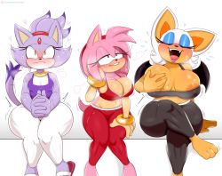 Rule 34 | amy rose, animal ears, bare shoulders, barefoot, bat ears, bat girl, bat wings, black bra, black pants, blaze the cat, blush, bra, bracelet, grabbing another&#039;s breast, breasts, bursting breasts, cat ears, cat girl, cat tail, cleavage, closed eyes, closed mouth, colored skin, crossed legs, curvy, deep skin, eyelashes, eyeshadow, fangs, feet out of frame, flip-flops, furry, grabbing, grabbing own breast, green eyes, grin, hairband, half-closed eyes, hand on own face, hand on own leg, head tilt, headdress, heart, highres, huge breasts, implied masturbation, jewelry, jinu (jinusenpai), large areolae, large breasts, makeup, midriff, naughty face, open mouth, pants, pink lips, purple skin, red bra, red pants, rouge the bat, sandals, shiny clothes, shiny skin, sitting, skin tight, skindentation, small breasts, smile, sonic (series), steam, sweat, tail, teeth, thick thighs, thighs, underwear, wavy mouth, white background, white pants, wide hips, wings, worried, yellow eyes