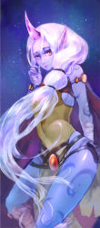 Rule 34 | 1girl, armlet, bandages, bracelet, ccc1812, colored skin, horns, jewelry, league of legends, long hair, pale skin, pointy ears, ponytail, pouch, purple skin, silver hair, single horn, solo, soraka (league of legends), strap, very long hair, wide hips, yellow eyes