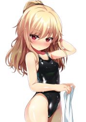Rule 34 | 1girl, arm up, black one-piece swimsuit, blonde hair, borrowed character, breasts, cowboy shot, from side, hair between eyes, highleg, highleg swimsuit, highres, long hair, looking at viewer, one-piece swimsuit, original, ponytail, shimejinameko, simple background, small breasts, solo, sparkle, swimsuit, wet, wet hair