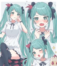Rule 34 | 1girl, aqua eyes, aqua hair, black bow, black skirt, black thighhighs, blush, border, bow, cake, closed mouth, embarrassed, food, grey background, hair bow, hatsune miku, highres, long hair, looking at viewer, multiple hair bows, one eye closed, open mouth, project diva (series), seijyohu, shirt, short sleeves, skirt, solo, sparkle, strawberry shortcake, supreme (module), thighhighs, twintails, vocaloid, white border, white shirt, world is mine (vocaloid)