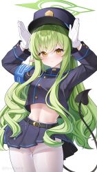 Rule 34 | 1girl, absurdres, belt, black belt, black hat, black jacket, black skirt, black tail, blue archive, blush, breasts, closed mouth, cowboy shot, demon tail, gloves, green hair, green halo, halo, hat, highres, hikari (blue archive), jacket, long hair, long sleeves, looking at viewer, pantyhose, peaked cap, pleated skirt, pointy ears, rynzfrancis, simple background, skirt, small breasts, solo, tail, twitter username, white background, white gloves, white pantyhose, yellow eyes