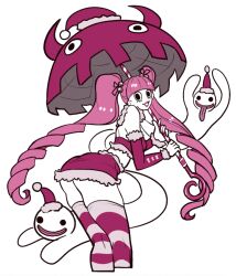 Rule 34 | 1girl, artist request, ass, black eyes, breasts, christmas, cleavage, devil fruit, elbow gloves, gloves, hat, holding, holding umbrella, horo horo no mi, legs together, long hair, looking at viewer, looking back, medium breasts, miniskirt, one piece, open mouth, perona, pink hair, santa hat, simple background, skirt, smile, striped clothes, striped thighhighs, thighhighs, twintails, umbrella, white background, wide hips