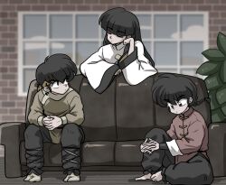 Rule 34 | 3boys, :|, barefoot, belt, black belt, black hair, black pants, bored, braid, braided ponytail, chinese clothes, closed eyes, closed mouth, couch, hand on own cheek, hand on own face, headband, hibiki ryouga, indoors, leaning, long hair, long sleeves, looking at another, looking down, mousse (ranma 1/2), multiple boys, on couch, on floor, pants, ranma 1/2, red shirt, rivals, saotome ranma, sepia, shirt, short hair, tangzhuang, tiger stripes, wanta (futoshi), white shirt, wristband, yellow headband, yellow shirt