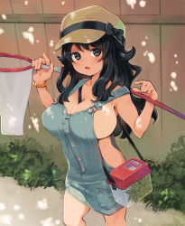 Rule 34 | 1girl, between breasts, black eyes, black hair, black ribbon, blush, bow, bracelet, breasts, brown hat, butterfly net, buttons, cleavage, commentary request, day, fence, hand net, hat, hat bow, hat ribbon, insect cage, jewelry, large breasts, naked overalls, open mouth, original, outdoors, overalls, ribbon, ryoji (nomura ryouji), sideboob, solo, standing, strap between breasts, sweat, tummy fold, wooden fence