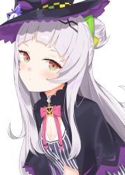 Rule 34 | 1girl, absurdres, blunt bangs, blush, buttons, evening rabbit, flat chest, hair bun, hat, headband, highres, hololive, light purple hair, long hair, looking at viewer, murasaki shion, murasaki shion (1st costume), orange eyes, pinstripe pattern, pinstripe shirt, shirt, single hair bun, single side bun, solo, striped clothes, striped shirt, two-sided fabric, two-sided headwear, vertical-striped clothes, vertical-striped shirt, virtual youtuber, white background, witch hat