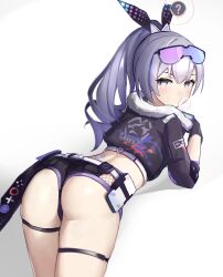 Rule 34 | 1girl, ?, absurdres, ass, bandaid, bandaid on back, black gloves, black jacket, black shorts, blue hair, blowing bubbles, chewing gum, cropped jacket, drill hair, drill ponytail, from behind, gloves, goggles, goggles on head, grey eyes, grey hair, highres, honkai: star rail, honkai (series), jacket, looking at viewer, looking back, multicolored hair, shorts, silver wolf (honkai: star rail), simple background, solo, streaked hair, thigh strap, white background, wsad4073 (40739983)