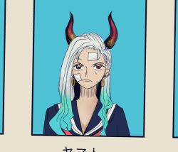 Rule 34 | 1girl, bandaid, bandaid on face, blue hair, closed mouth, commentary request, earrings, green hair, horns, jewelry, long hair, looking ahead, multicolored hair, one piece, photo (object), red horns, sailor collar, school uniform, solo, tenteko mm, upper body, v-shaped eyebrows, white hair, yamato (one piece)
