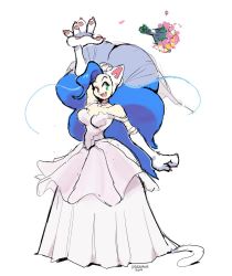Rule 34 | 1girl, 2019, ahoge, animal ears, animal hands, big hair, blue hair, blue ribbon, bouquet, bouquet toss, breasts, bridal veil, bride, capcom, cat ears, cat girl, cat paws, cat tail, claws, collarbone, detached sleeves, dreaminerryday, dress, eyelashes, fang, felicia (vampire), female focus, flower, full body, fur, gloves, green eyes, hair ribbon, happy, huge ahoge, jewelry, large breasts, long hair, nails, necklace, one eye closed, open mouth, petals, ribbon, signature, simple background, sleeveless, sleeveless dress, smile, solo, strapless, strapless dress, tail, vampire (game), veil, very long hair, wedding dress, white background, white dress, white fur, white gloves, wink