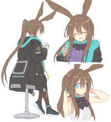 Rule 34 | 1girl, :d, ^ ^, amiya (arknights), animal ears, anklet, arknights, arms up, bare shoulders, black coat, black footwear, blue eyes, blush, brown hair, brown pantyhose, closed eyes, closed mouth, coat, coffee mug, cropped torso, cup, facing viewer, from behind, hands in hair, holding, holding cup, hood, hood down, hooded coat, jewelry, long hair, long sleeves, looking at another, looking at viewer, mug, multiple rings, multiple views, open mouth, pantyhose, ponytail, rabbit ears, ring, satou kibi, shirt, shoes, sidelocks, simple background, sitting, sleeveless, sleeveless shirt, smile, stool, very long hair, white background, white shirt