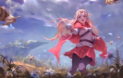 Rule 34 | 1girl, absurdres, asuna (sao), bee, belt, bingwei huang, black belt, blue sky, blurry, blurry background, brown eyes, brown hair, bug, cape, cloud, feet out of frame, flower, grass, hair flower, hair ornament, highres, holding, holding sword, holding weapon, insect, long hair, long sleeves, looking at viewer, outdoors, pantyhose, rapier, red cape, red skirt, scenery, sheath, shirt, skirt, sky, solo, standing, sword, sword art online, teeth, unsheathed, upper teeth only, weapon, white flower