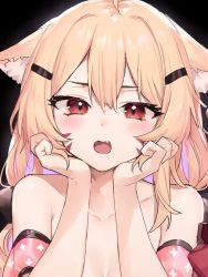 Rule 34 | 1girl, animal ears, bare shoulders, black background, blonde hair, blush, breasts, cat ears, cleavage, collarbone, commentary, english commentary, facial mark, fang, hair between eyes, hair ornament, hairclip, hands up, long hair, looking at viewer, neonbeat, open mouth, red eyes, shyrei faolan, simple background, solo, squchan, virtual youtuber, vyugen, whisker markings