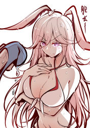 Rule 34 | 1girl, animal ears, bikini, blush, breasts, cleavage, commentary, commentary request, criss-cross halter, eyebrows, fei luo mao, hair between eyes, halterneck, highres, honkai (series), honkai impact 3rd, hose, large breasts, pink hair, purple eyes, scowl, simple background, sketch, solo, swimsuit, translation request, wet, yae sakura