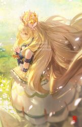 Rule 34 | 1girl, bare shoulders, blonde hair, butterfly hair ornament, celine (fire emblem), closed mouth, crown, daniel deng, dress, falling petals, fire emblem, fire emblem engage, grass, green eyes, hair ornament, highres, long dress, long hair, looking to the side, nintendo, on grass, own hands clasped, own hands together, petals, solo, very long hair
