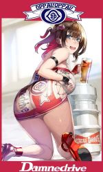 Rule 34 | 1girl, :d, alcohol, armband, ass, bare shoulders, beer, beer mug, bent over, blue eyes, blush, breasts, brown hair, budweiser, cross-laced clothes, cup, fang, from behind, hair ornament, high heels, highres, large breasts, looking at viewer, looking back, medium hair, mug, multicolored hair, nishii (damnedrive), open mouth, original, red hair, smile, solo, thighs, two-tone hair
