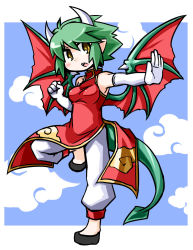 Rule 34 | 1girl, china dress, chinese clothes, clenched hand, draco centauros, dragon tail, dragon wings, dress, elbow gloves, full body, gloves, green hair, horns, kugelschreiber, madou monogatari, pants, pointy ears, puyopuyo, shoes, short hair, solo, standing, standing on one leg, tail, white gloves, wings, yellow eyes