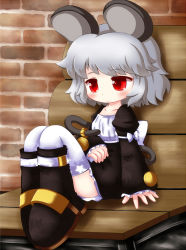 Rule 34 | 1girl, alternate costume, animal ears, bad id, bad pixiv id, bench, blush, boots, casual, cocozasa, grey hair, highres, mouse ears, mouse tail, nazrin, red eyes, sitting, smile, solo, tail, thighhighs, touhou, white thighhighs