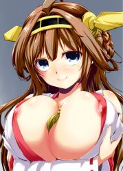Rule 34 | 10s, 1girl, ahoge, bare shoulders, blue eyes, blush, breasts, brown hair, detached sleeves, hairband, headgear, highres, huge breasts, japanese clothes, kaizuka, kantai collection, kongou (kancolle), long hair, looking at viewer, nipple slip, nipples, personification, simple background, smile, solo