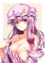 Rule 34 | 1girl, absurdres, bare shoulders, blush, bow, breasts, cleavage, collarbone, crescent, crescent hair ornament, dress, hair bow, hair ornament, hat, highres, koissa, large breasts, long hair, mob cap, off shoulder, patchouli knowledge, purple eyes, purple hair, red bow, smile, solo, striped clothes, striped dress, touhou, upper body