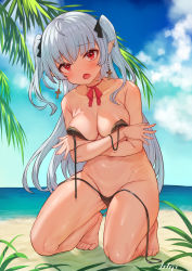 Rule 34 | 1girl, arpeggio kaga, barefoot, beach, bikini, black bikini, black ribbon, blue sky, blunt bangs, breasts, character request, choker, cloud, collarbone, commentary request, cross, cross earrings, day, earrings, hair ribbon, highres, jewelry, kneeling, large breasts, long hair, looking at viewer, ocean, open mouth, outdoors, pointy ears, red choker, red eyes, red ribbon, ribbon, ribbon choker, sand, sky, solo, swimsuit, toes, two side up, virtual youtuber, white hair