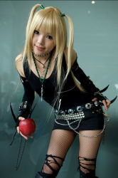 Rule 34 | 1girl, amane misa, amane misa (cosplay), apple, asian, blade, blonde hair, boots, breasts, cosplay, cross, cross necklace, death note, fingerless gloves, fishnet pantyhose, fishnet thighhighs, fishnets, food, fruit, gloves, indoors, jewelry, kipi-san, leaning forward, long hair, looking at viewer, miniskirt, mole, necklace, pantyhose, photo (medium), skirt, small breasts, smile, solo, thighhighs, torn clothes, twintails, two side up