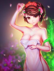 Rule 34 | 1girl, arm up, artist request, bare arms, bare shoulders, breasts, brown eyes, brown hair, cleavage, collarbone, female focus, highres, large breasts, looking at viewer, momohime, naked towel, neck, oboro muramasa, short hair, shy, solo, standing, tagme, towel, upper body