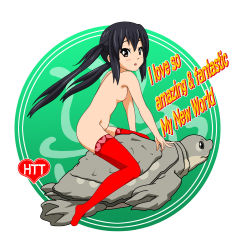 Rule 34 | 1girl, bad anatomy, black hair, english text, engrish text, heart, k-on!, long hair, nakano azusa, nipples, nose art, nude, poorly drawn, ranguage, red thighhighs, riding, rm (rm32), thighhighs, ton-chan, turtle