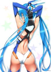 Rule 34 | 1girl, arms behind head, ass, blue eyes, blue hair, butt crack, closed mouth, commentary request, elbow gloves, from behind, gloves, long hair, looking at viewer, looking back, ore twintail ni narimasu, solo, standing, star (symbol), starry background, tailblue, twintails, white background, yuto (dialique)