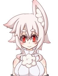 Rule 34 | 1girl, animal ears, bare shoulders, blush, breasts, detached sleeves, inubashiri momiji, kuro-ekaki, large breasts, looking at viewer, pom pom (clothes), red eyes, short hair, silver hair, simple background, solo, touhou, white background, wolf ears