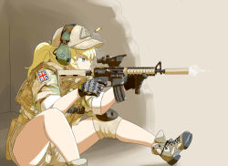 Rule 34 | 1girl, aiming, aqua eyes, assault rifle, bad id, bad pixiv id, baseball cap, blonde hair, body armor, boots, camouflage, casing ejection, desert camouflage, ear protection, firing, gloves, gun, hat, headset, holding, holding gun, holding weapon, insignia, knee pads, load bearing vest, m4 carbine, military, military operator, military uniform, original, ponytail, rifle, scope, shell casing, shino (r shughart), shorts, sitting, sleeves pushed up, solo, suppressor, uniform, union jack, vertical forward grip, weapon