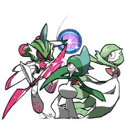 Rule 34 | arm blade, blacknirrow, colored skin, creatures (company), double-blade, energy ball, fighting, gallade, game freak, gardevoir, gen 3 pokemon, gen 4 pokemon, green hair, iron valiant, joints, multicolored skin, nintendo, no mouth, pixel eyes, pokemon, pokemon (creature), red eyes, robot joints, simple background, skirt, sword clash, two-tone skin, weapon, white background