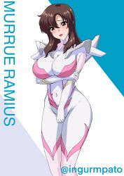 1girl blush bodysuit breasts brown_eyes brown_hair character_name gundam gundam_seed gundam_seed_freedom highres kyomeihibiki large_breasts lipstick long_hair makeup murrue_ramius normal_suit pilot pilot_helmet pilot_suit science_fiction smile solo