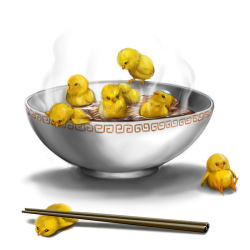 Rule 34 | animal focus, bathing, bird, bowl, causa, chick, chopsticks, food, food focus, in bowl, in container, in food, no humans, noodles, object on head, original, sitting, steam, towel, towel on head