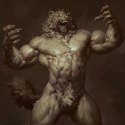 Rule 34 | 1boy, animal ears, bara, brown fur, claws, commentary, cowboy shot, english commentary, fangs, furry, furry male, hairy, highres, male focus, muscular, muscular male, open mouth, original, simple background, solo, taran fiddler, wolf boy, wolf ears