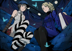 Rule 34 | 2girls, atlus, bare shoulders, belt, black hair, blonde hair, blue eyes, blue upholstery, book, boots, bug, butterfly, cabbie hat, coat, couch, cross-laced footwear, elbow gloves, feet, foot focus, from below, gloves, hairband, hat, insect, lace-up boots, long hair, looking down, margaret, margaret (persona), marie (persona 4), megami tensei, multiple girls, necktie, no shoes, pantyhose, persona, persona 4, persona 4 the golden, plaid, plaid skirt, shin megami tensei, shoes, short hair, single shoe, sitting, skirt, sleeveless, smile, soles, striped clothes, striped legwear, striped thighhighs, thighhighs, toes, werkbau, yellow eyes