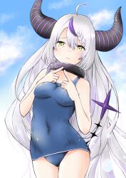 Rule 34 | 1girl, ahoge, blue one-piece swimsuit, braid, breasts, cloud, contrapposto, covered navel, demon girl, demon horns, demon tail, frown, grey hair, highres, hololive, horns, la+ darknesss, long hair, mochiki 927, multicolored hair, one-piece swimsuit, purple hair, school swimsuit, small breasts, solo, streaked hair, swimsuit, tail, two-tone hair, upper body, very long hair, virtual youtuber, yellow eyes