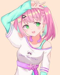 Rule 34 | 1girl, absurdres, ahoge, blush, game club project, green eyes, hair ornament, highres, long hair, looking at viewer, multicolored hair, open mouth, pink hair, sairenji (o70at), sakuragi miria, smile, twintails, virtual youtuber