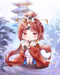 Rule 34 | 1girl, animal, apron, bad id, bad pixiv id, benienma (fate), bird, black footwear, blush, bobby socks, brown hair, brown hat, brown kimono, building, chibi, closed mouth, commentary request, fate/grand order, fate (series), food, frilled apron, frills, hat, highres, holding, japanese clothes, kimono, long hair, long sleeves, low ponytail, mutang, onigiri, parted bangs, ponytail, red eyes, sandals, socks, solo, stuffed toy, very long hair, white apron, white socks, wide sleeves, zouri