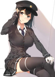 Rule 34 | 10s, 1girl, akitsu maru (kancolle), black eyes, black hair, black hat, black necktie, black thighhighs, blush, breasts, commentary request, crossed legs, gloves, hat, kantai collection, large breasts, looking at viewer, military, military hat, military uniform, necktie, peaked cap, pleated skirt, short hair, sitting, skirt, smile, solo, thighhighs, uniform, white gloves, yappen, yatsu (sasuraino)