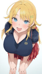 Rule 34 | 1girl, ahoge, blonde hair, blue eyes, blue shirt, breasts, cleavage, from below, hachimiya meguru, hair flaps, hair ornament, hairclip, hands on own knees, highres, idolmaster, idolmaster shiny colors, large breasts, looking at viewer, low twintails, lower teeth only, nekoshoko, open mouth, plaid, plaid skirt, pleated skirt, red skirt, shirt, short sleeves, simple background, skirt, smile, solo, sweat, teeth, tongue, twintails, upper body, wet, wet clothes, wet shirt, white background