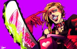 Rule 34 | 1boy, bad id, bad pixiv id, blonde hair, blue eyes, chainsaw, collar, domino mask, evil grin, evil smile, gloves, grin, jojo no kimyou na bouken, long hair, mad369, male focus, mask, melone, slime (substance), smile, solo, spiked collar, spikes, studded collar, you gonna get raped