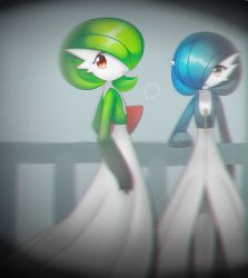 Rule 34 | 2girls, alternate color, blue hair, blue skin, blurry, bob cut, colored skin, creatures (company), depth of field, female focus, fence, flat chest, from side, game freak, gardevoir, gen 3 pokemon, green hair, green skin, grey background, grey eyes, hair over one eye, hand up, happy, legs together, looking at viewer, lotosu, multicolored skin, multiple girls, nintendo, open mouth, pokemon, pokemon (creature), puff of air, red eyes, shiny and normal, shiny pokemon, short hair, simple background, smile, standing, two-tone skin, white skin