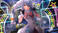 Rule 34 | 1girl, aerial fireworks, ame., animal ear fluff, animal ears, black gloves, black leotard, blue hair, blush, bow, braid, breasts, brown pantyhose, carrot hair ornament, commentary request, detached sleeves, don-chan (usada pekora), double w, dress, fireworks, food-themed hair ornament, fur-trimmed dress, fur-trimmed gloves, fur trim, gloves, grin, hair between eyes, hair bow, hair ornament, hands up, head tilt, highres, hololive, leotard, long hair, looking at viewer, multicolored hair, night, night sky, pantyhose, puffy short sleeves, puffy sleeves, rabbit-shaped pupils, rabbit ears, red eyes, short eyebrows, short sleeves, sky, small breasts, smile, solo, star (symbol), strapless, strapless dress, strapless leotard, symbol-shaped pupils, thick eyebrows, twin braids, twintails, two-tone hair, usada pekora, usada pekora (1st costume), very long hair, virtual youtuber, w, white bow, white dress, white hair, white sleeves